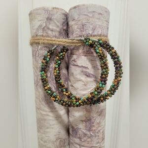 Beaded Tavertine Stone Hoop Earrings Southwestern Western Artisan Earth Tones